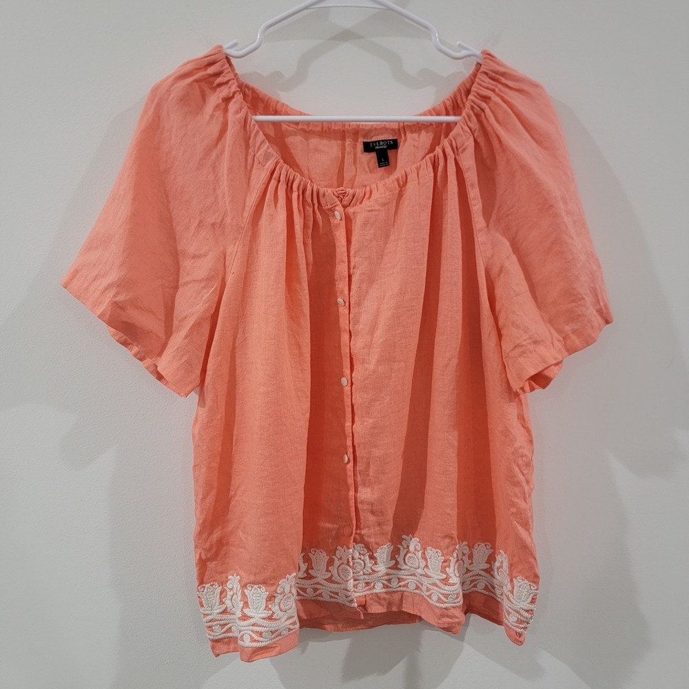 Talbots Womens Top Size Large Button Up Embroidered Linen Pink Cottage Fairy